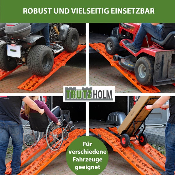 Vierfachansicht von Fahrzeugen auf Verladeschienen, inklusive Quad, Rasenmäher, Rollstuhl und Sackkarre, Marke TrutzHolm.