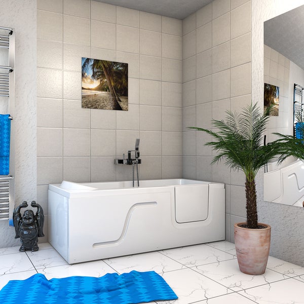 Modernes Badezimmer mit Badewanne, Handtuchheizkörper, Dekoration und Fliesen