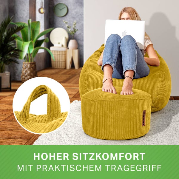 Green Bean 2er Set Indoor XXL Sitzsack + Pouf mit EPS-Perlen Füllung - Fußhocker Fußkissen Hocker Bodenkissen Liegekissen Sitzkissen Lounge Chair - Gelb