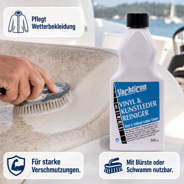 Yachticon Vinyl und Kunstleder Reiniger 500 Milliliter Flasche zur Reinigung von Oberflächen mit einer Reinigungsbürste auf einem Boot.