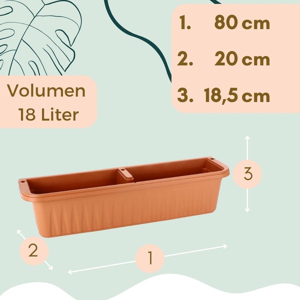 Blumenkasten mit Maßen 80 Zentimeter Länge, 20 Zentimeter Breite, 18,5 Zentimeter Höhe und 18 Liter Volumen.