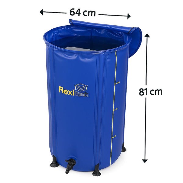 Flexibler Wassertank mit FlexiTank Logo, Zapfhahn und Füllstandsanzeige, Durchmesser 64 Zentimeter, Höhe 81 Zentimeter.