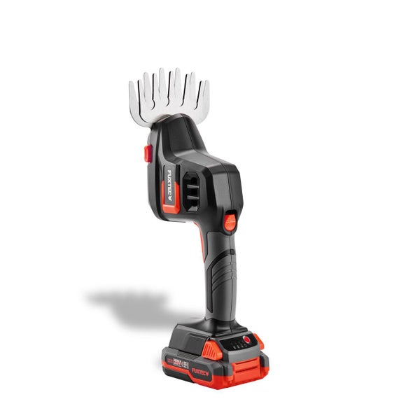 Akku-Gras- und Strauchschere von Fuxtec mit 20 Volt Akku und ergonomischem Griff.