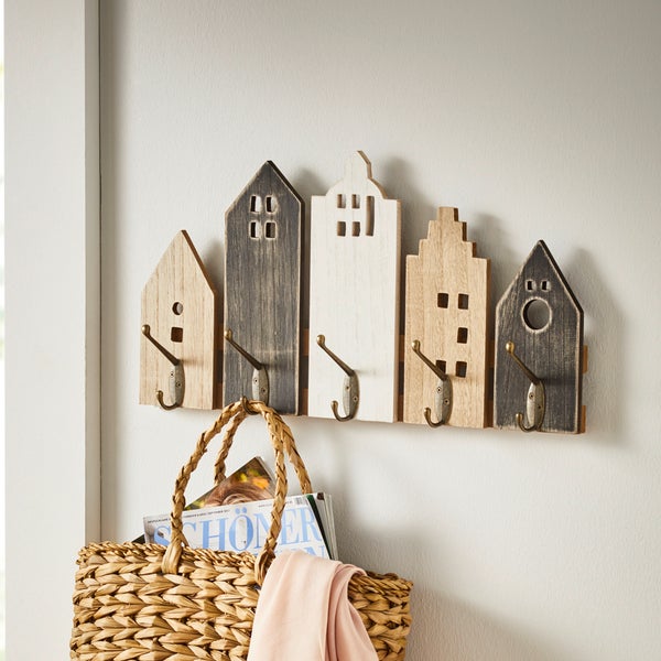 FRANK FLECHTWAREN | Garderobe Häuser, HOLZ, METALL, 48 x 7 x 25,5 cm