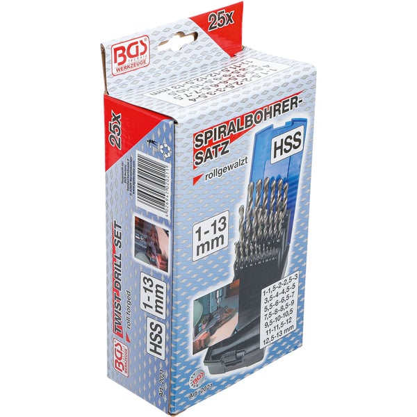 BGS Technic Spiralbohrer Satz mit 25 Teilen und Größen von 1 bis 13 Millimeter in Verpackung