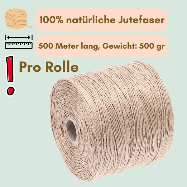 2x Juteschnur 500 m Bindfaden Schnur zum basteln Jutegarn Natur Jutekordel Paketschnur Gartenschnur Jute Bastelschnur Garten Pflanzschnur
