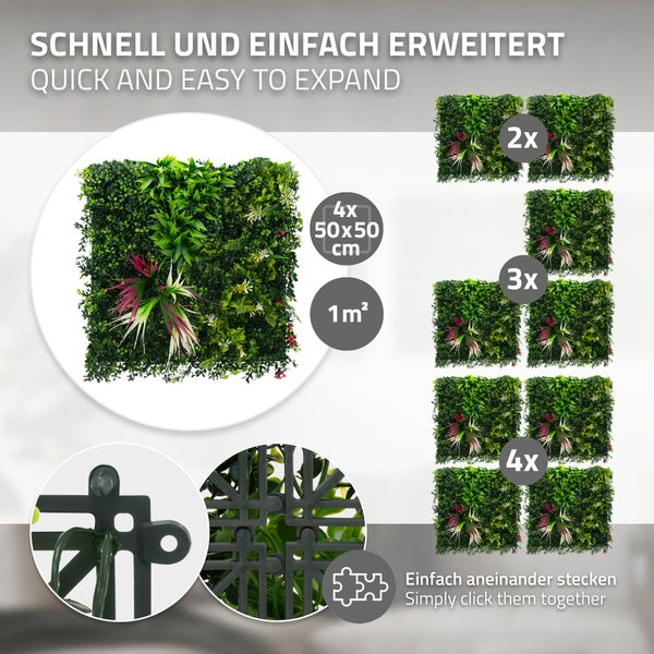 Set mit 4 künstlichen Pflanzenmatten, je 50 mal 50 Zentimeter für eine Gesamtfläche von 1 Quadratmeter, mit Stecksystem zur einfachen Montage.