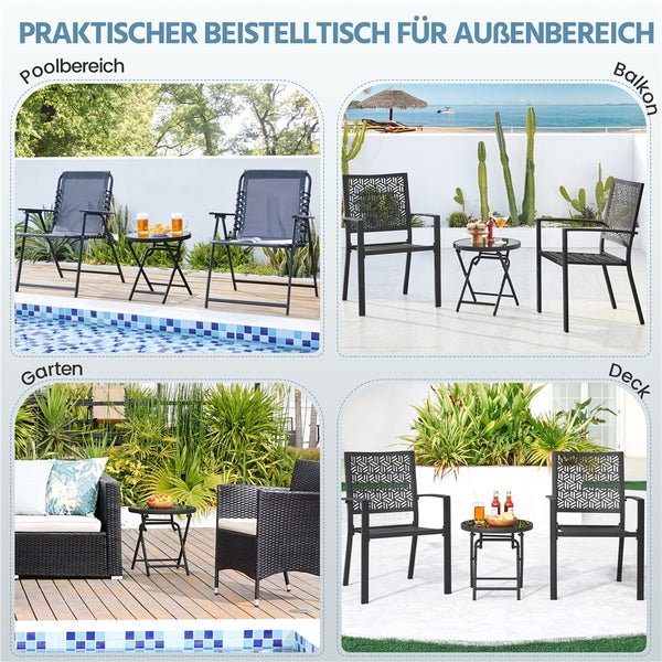 Kleiner runder Beistelltisch für den Außenbereich, dargestellt in verschiedenen Umgebungen wie Pool, Balkon, Garten und Terrasse mit Sitzmöbeln.