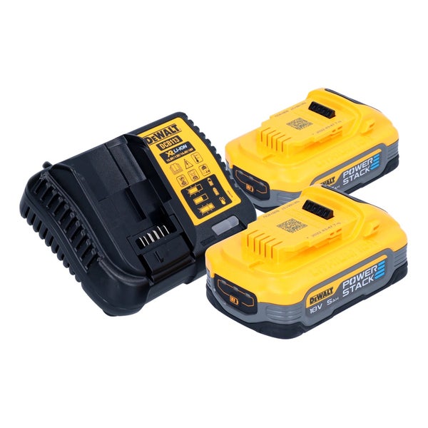 DeWalt Akku-Set bestehend aus einem Ladegerät DCB113 und zwei 18 Volt Lithium-Ionen-Akkus mit einer Kapazität von 5 Amperestunden.