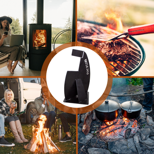 Miseru Brennholzspalter aus Stahl für Kamin und Lagerfeuer in einer Collage mit verschiedenen Nutzungsszenarien für Camping und Wohnraum.