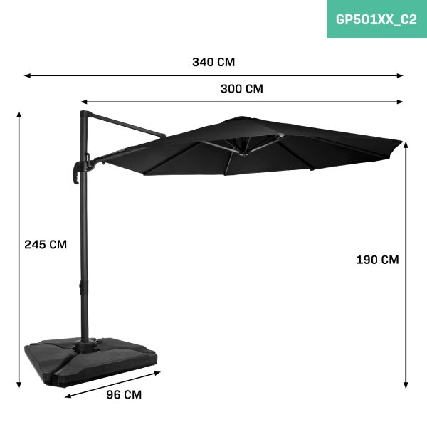 VONROC Premium Sonnenschirm Ampelschirm mit Schirmständer - Neigbar, Rund, 300CM - Sonnenschutz für Balkon, Terrasse & Garten - Sonnenschirm groß inklusive Schutzhülle - Bardolino Antrazit