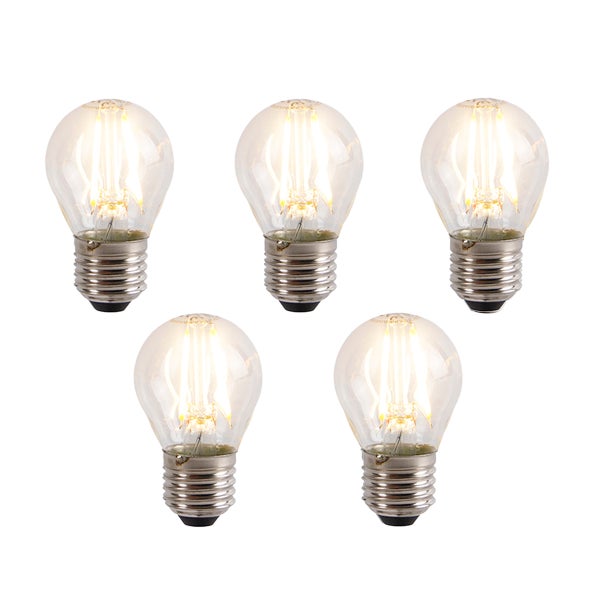 Fünf klare LED-Filament-Leuchtmittel in Tropfenform mit E27-Sockel.