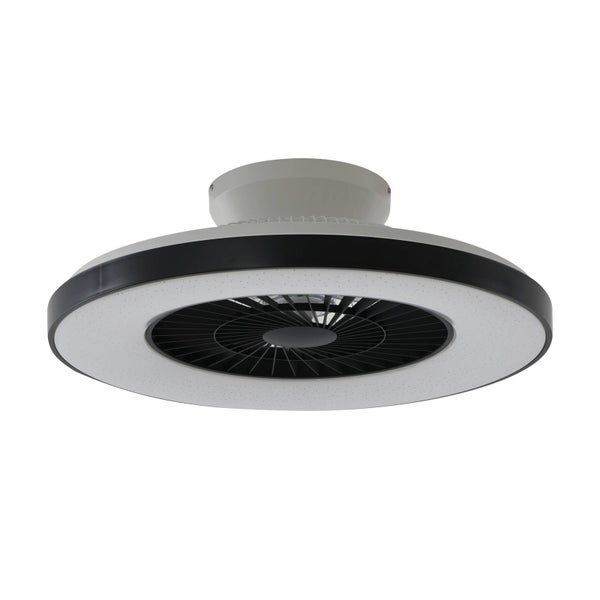 Moderner runder Deckenventilator mit integrierter LED-Beleuchtung und schwarzem Außenring.