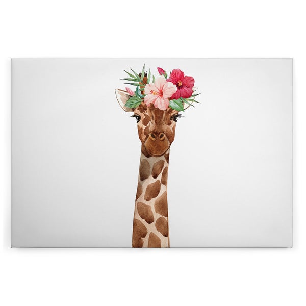 Wandbild mit einer Giraffe und einem Blumenkranz im Aquarellstil auf Leinwand für die Wanddekoration.
