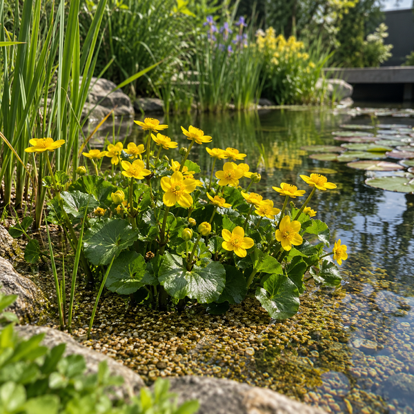 Sumpfdotterblumen am Ufer eines Gartenteichs mit Steinen und Wasserpflanzen im Hintergrund