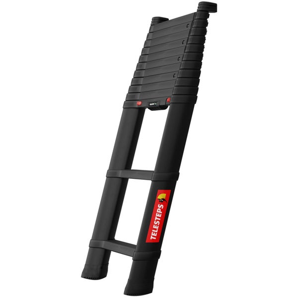 Schwarze Teleskopleiter von Telesteps aus Aluminium, teilweise ausgefahren.