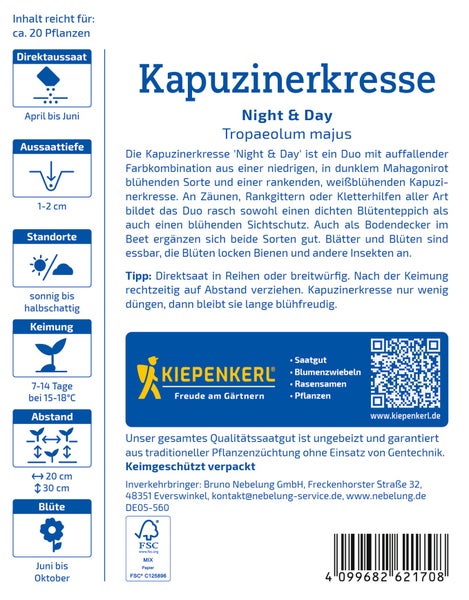 Saatgut Kapuzinerkresse Night and Day von Kiepenkerl fuer etwa 20 Pflanzen mit Anbauanleitung und Pflegehinweisen.