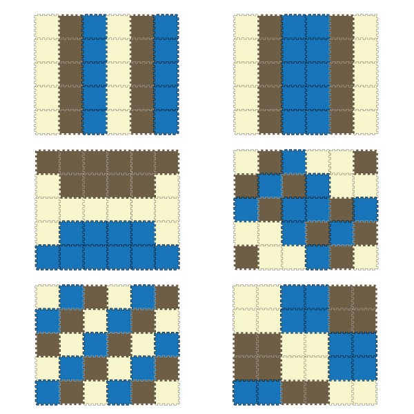 Ineinandergreifende Bodenschutzmatten aus Schaumstoff in Beige, Braun und Blau, dargestellt in sechs verschiedenen Mustern wie Streifen und Schachbrett.