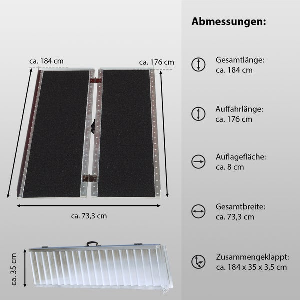 TRUTZHOLM Rollstuhlrampe klappbar 184 cm Traglast 272 kg Alu grau schwarz beschichtet Auffahrrampe