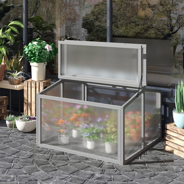 Outsunny Frühbeet Treibhaus, Gewächshaus Frühbeetkasten, 90 x 80 x 58 cm, Holz und Polycarbonat, Hellgrau