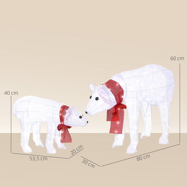 Zwei LED Eisbären, großer Bär 80 mal 60 mal 30 Zentimeter, kleiner Bär 53,5 mal 40 mal 20 Zentimeter, Drahtgeflecht mit roten Schals.