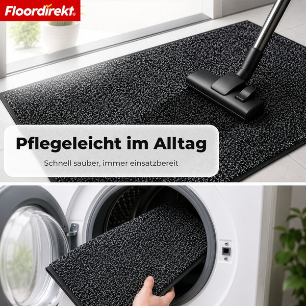 Floordirekt Logo. Pflegeleichte Fußmatte: Reinigung durch Staubsaugen und Waschen in der Waschmaschine.