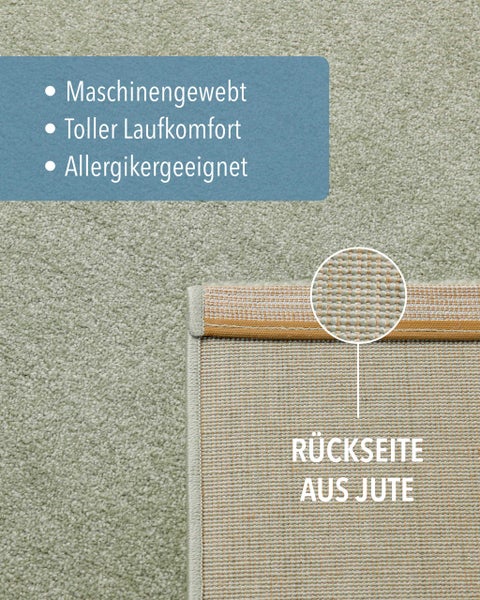 Maschinengewebter Teppich, allergikergeeignet, hoher Laufkomfort, Rückseite aus Jute.