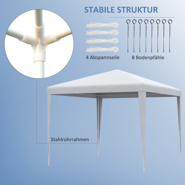 Pavillon mit Stahlrohrrahmen, vier Spannseilen und acht Bodenpfählen