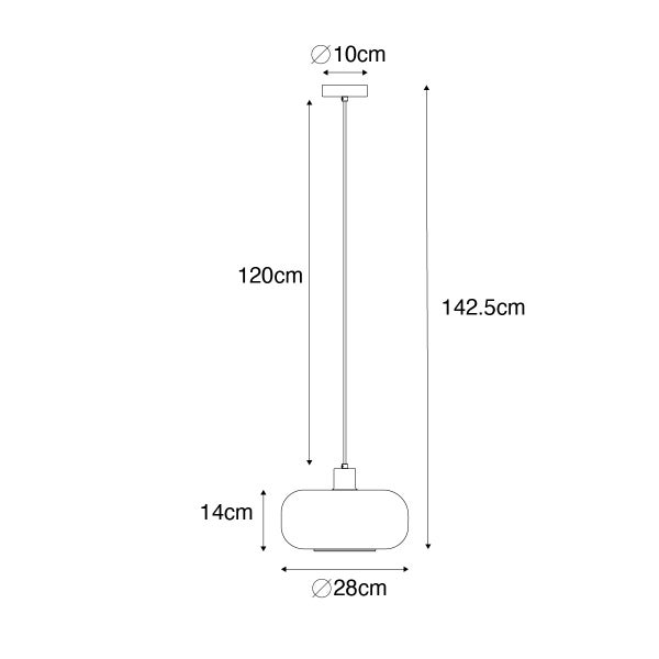Technische Zeichnung einer Pendelleuchte mit den Maßen 10 cm, 14 cm, 28 cm, 120 cm und 142,5 cm.