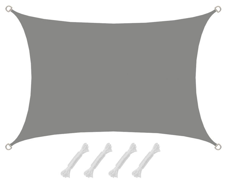 Rechteckiges Sonnensegel in Grau mit Metall-D-Ringen an den Ecken und vier weißen Befestigungsseilen.