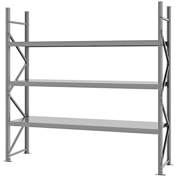 Robustes Weitspannregal aus Metall mit drei breiten Fachböden für Werkstatt und Lager.
