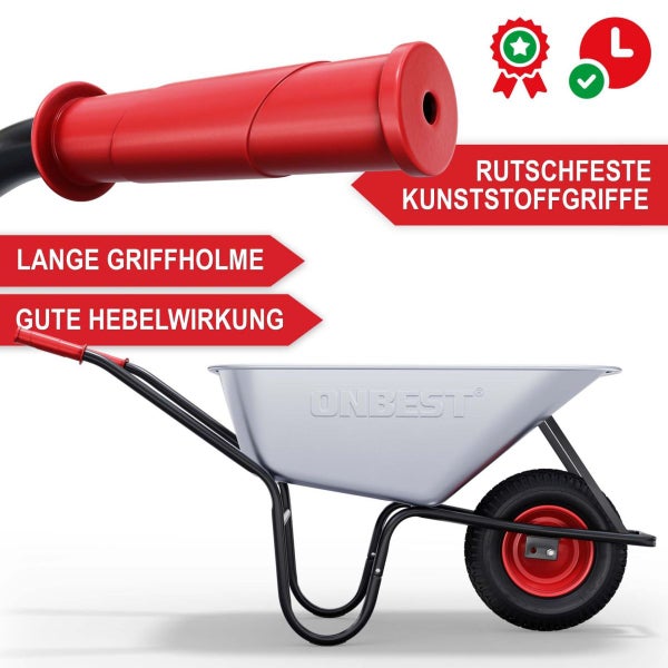 Schubkarre mit verzinkter Mulde, Detailansicht der rutschfesten Griffe, Onbest Logo sowie Siegeln für Qualität, Prüfung und Größe.