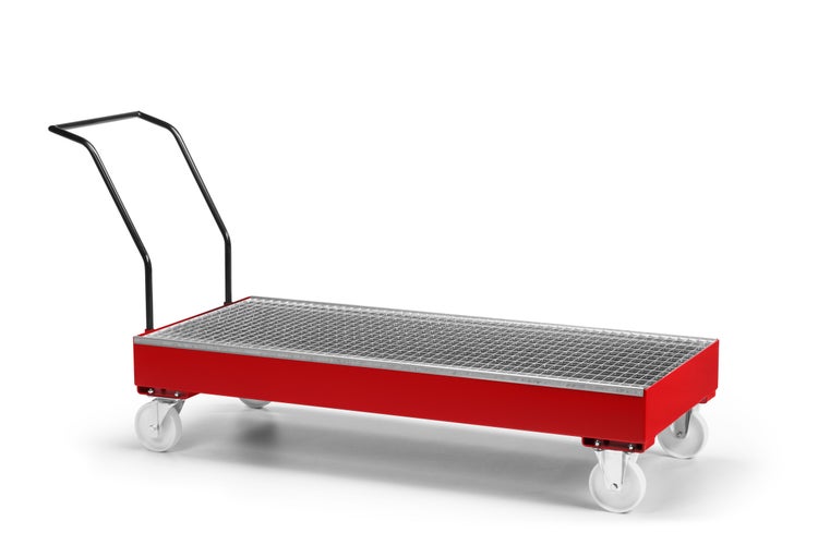 RR Industrietechnik Fahrbare Auffangwanne aus Stahl für 3x 200 Liter Fass mit Gitterrost RAL 3000 feuerrot