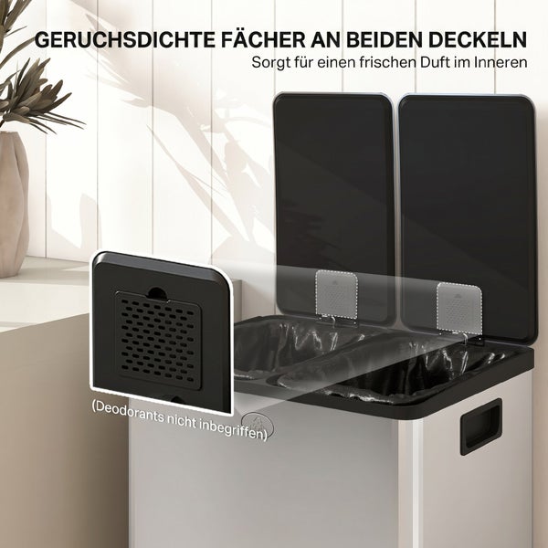 Abfalltrennsystem mit zwei Kammern und geruchsdichten Fächern in den Deckeln zur Aufnahme von Geruchsabsorbern.