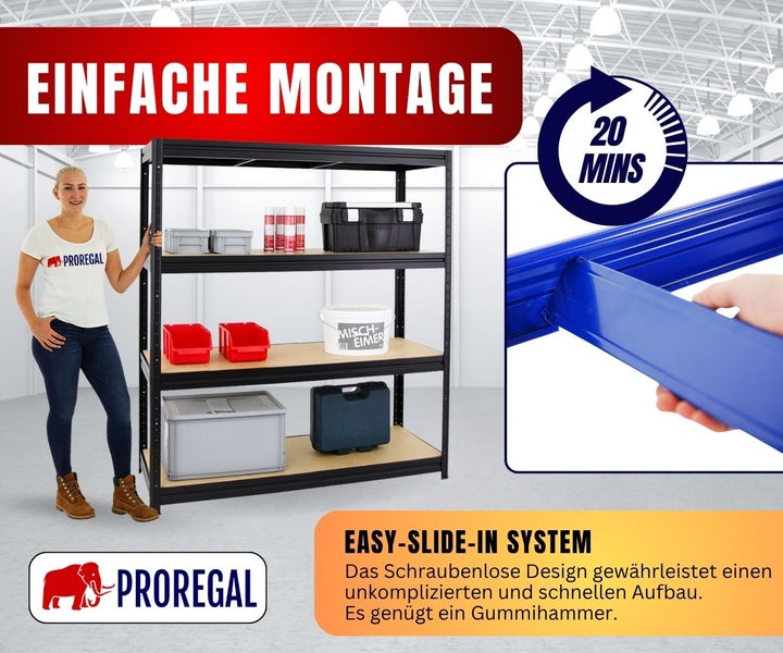 Proregal Logo. Eine Frau neben einem Schwerlastregal mit einfachem Stecksystem für schraubenlose Montage in circa 20 Minuten.