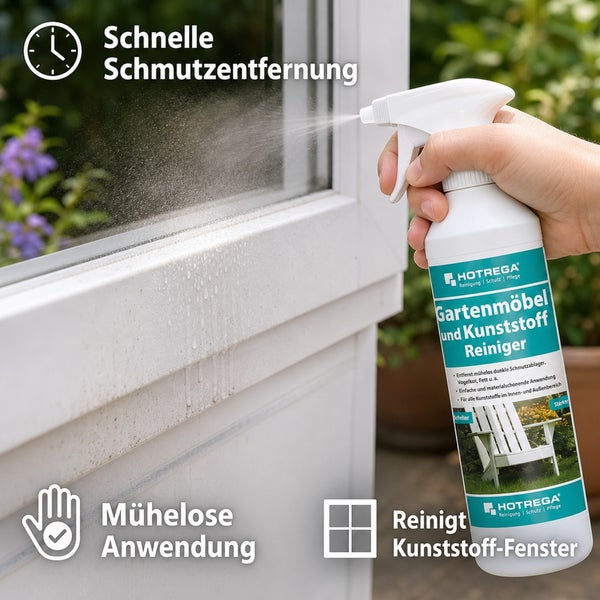 Hotrega Gartenmöbel und Kunststoff Reiniger in Sprühflasche bei der Anwendung an einem Kunststofffenster.