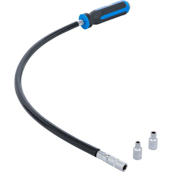 Flexibler Steckschlüsselschraubendreher mit biegsamem Schaft, ergonomischem Griff und zwei zusätzlichen Steckschlüsseleinsätzen.