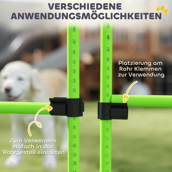 Hunde-Agility-Hürde mit Höhenmarkierungen und Klippmechanismus zur einfachen Höhenverstellung der Querstange.