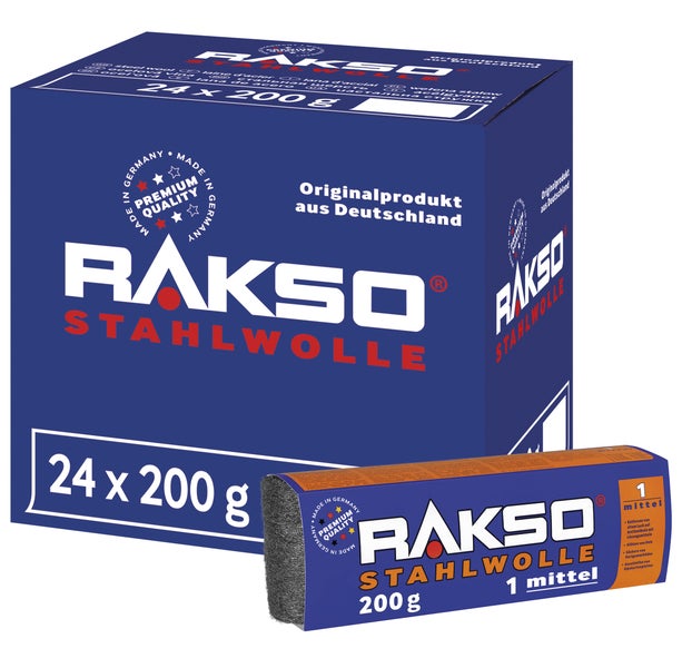 Rakso Stahlwolle Sorte 1 mittel, Großpackung mit 24 mal 200 Gramm für Reinigungs- und Schleifarbeiten.