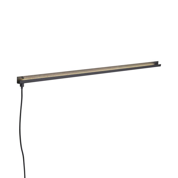Schmale schwarze LED Bilderleuchte mit langem horizontalem Leuchtenkopf und schwarzem Stromkabel.