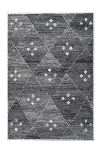 Rechteckiger Teppich mit geometrischem Rautenmuster und kleinen Punktmotiven im modernen Stil.