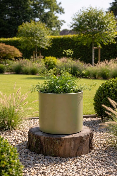 Zylindrischer Pflanztopf mit Kräutern auf einem Baumstamm in einem hellen Garten mit Rasen und Kieselsteinen.