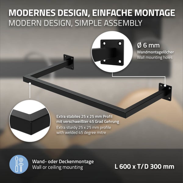 ML-Design 3er Set Kleiderstange Rechteck für die Wand, T30cm x B60cm, Schwarz, aus Stahl, Garderobenstange U-Form, Kleiderständer Wandmontage, Kleidergestell Garderobenhalter, inkl. Montagematerial