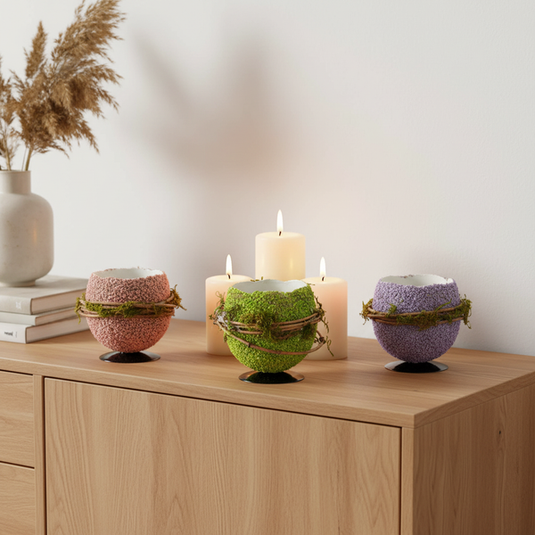 Drei eiförmige Dekoschalen mit strukturierter Oberfläche, umwickelt mit Moos und Zweigen, auf einer Holzkommode mit brennenden Stumpenkerzen.