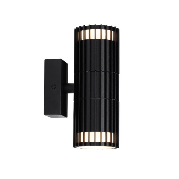 Moderne zylindrische Außenwandleuchte in Schwarz mit gerippter Oberfläche und Lichtaustritt nach oben und unten.