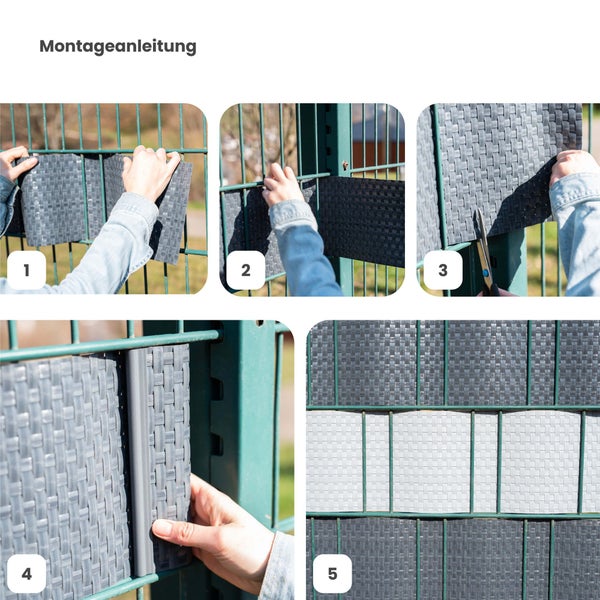 Montageanleitung für Sichtschutzstreifen an einem Doppelstabmattenzaun: Einflechten, Zuschneiden und Fixieren mit Klemmschienen in fünf Schritten.