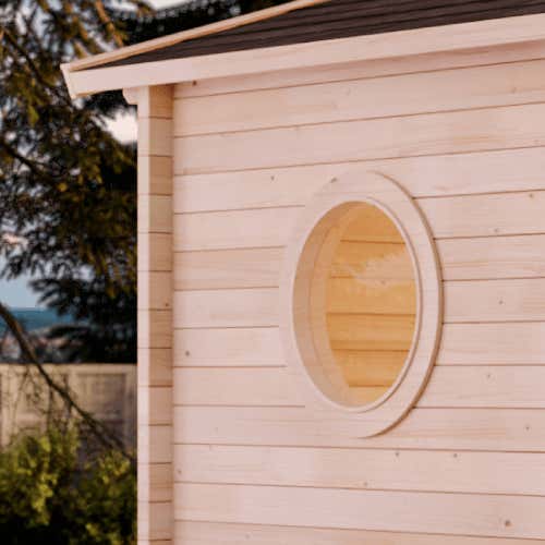 FinnTherm Saunahaus Genf-70 Gartensauna 4 Sitzbänke aus Holz, Sauna mit 70 mm Wandstärke, Außensauna mit Montagematerial, Naturbelassen 5,9x3,3m