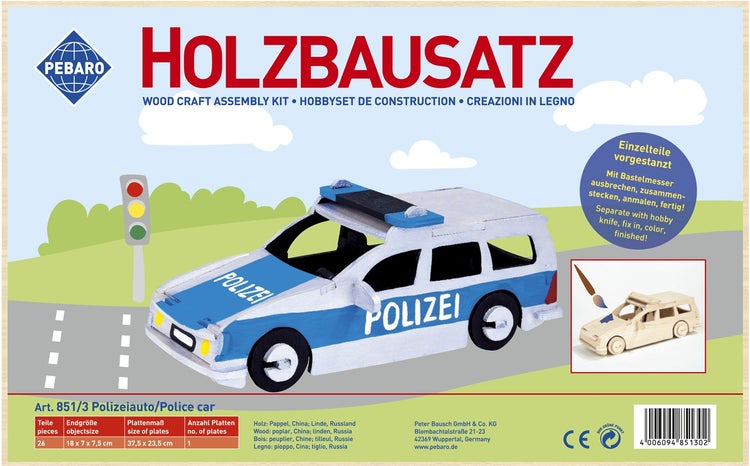 PEBARO 851/3 - Holzbausatz Polizeiauto, 26 Teile, Holzkonstruktion zum Zusammenstecken