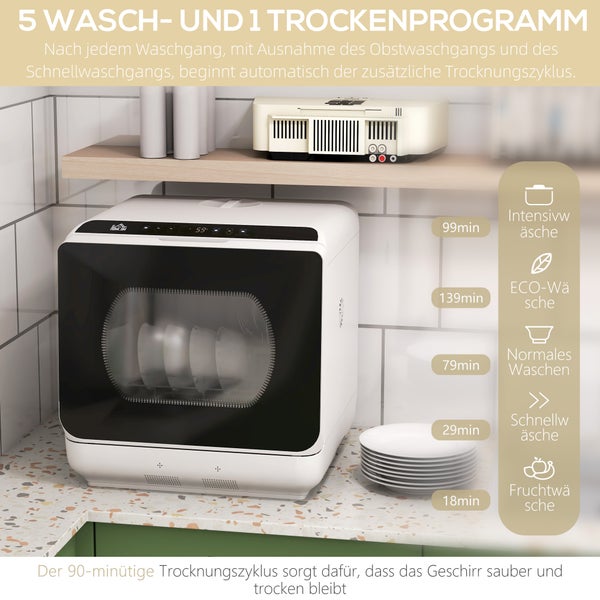 HOMCOM Tischgeschirrspüler mit/ohne Wasseranschluss benutzbar Mini Geschirrspüler mit Platz für 4 Maßgedecke, 6 Programmen, eingebautem 6-Liter-Wassertank, für Büro,Camping, Wohnmobil, Weiß