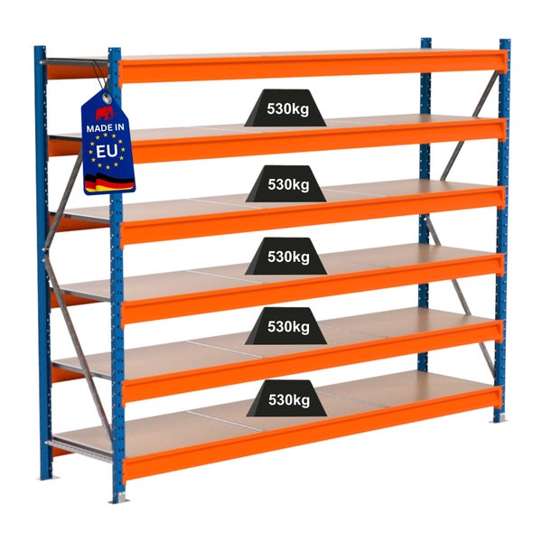 Lagerregal mit fünf Ebenen und einer Traglast von 530 Kilogramm sowie einem Made in EU Siegel